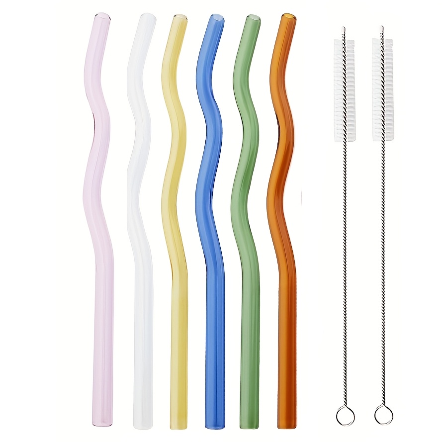 TEMU 6pcs Wavy Glass Straws With 2 Cleaning Brush, Reusable Colorful Glass Straws, Dishwasher Compatible, Drinking Straws For Smoothies, Tea, Coffee,