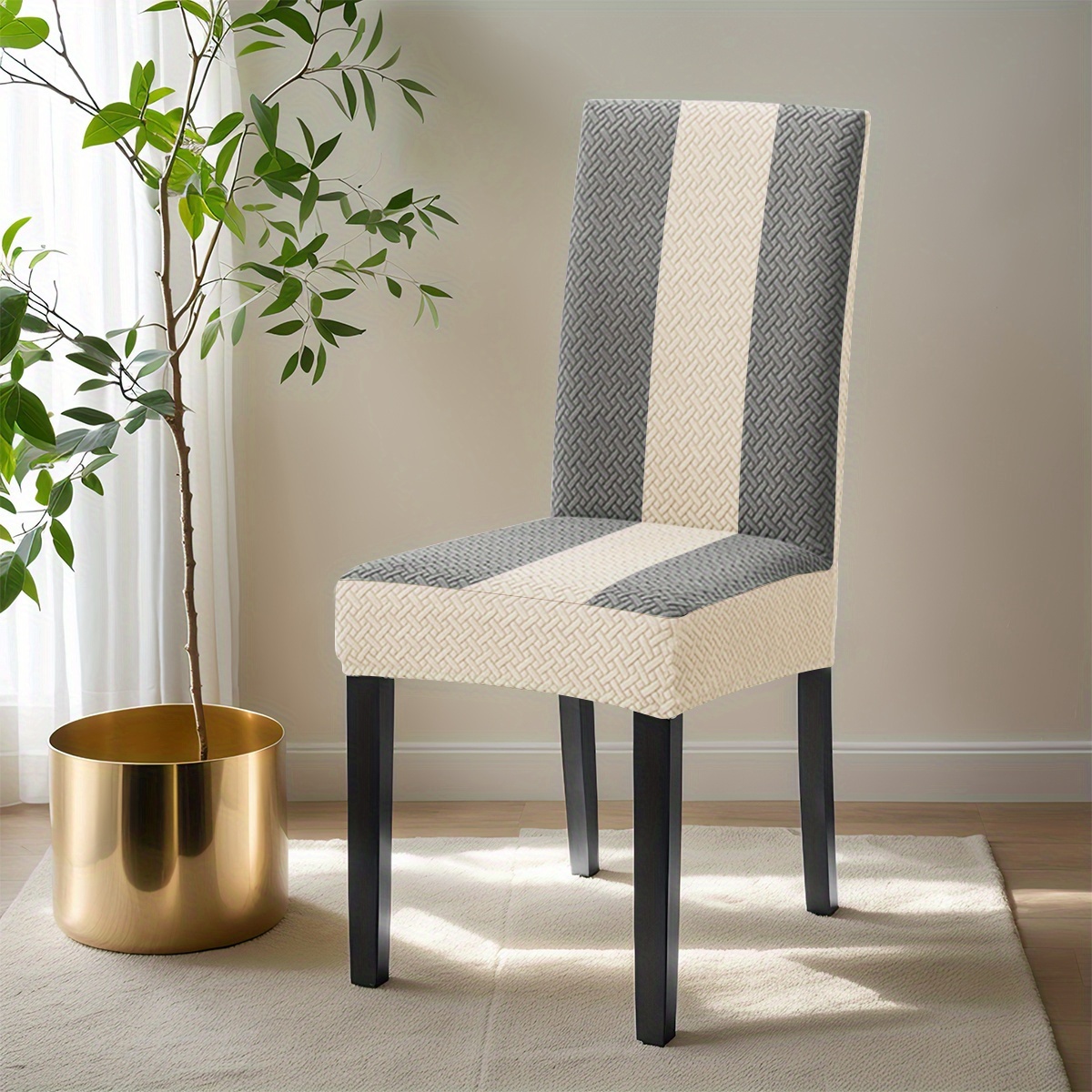 TEMU 1 pièce Housse de chaise extensible en jacquard à rayures et à carreaux avec de couleur, convient pour la décoration de chaise de salon et de