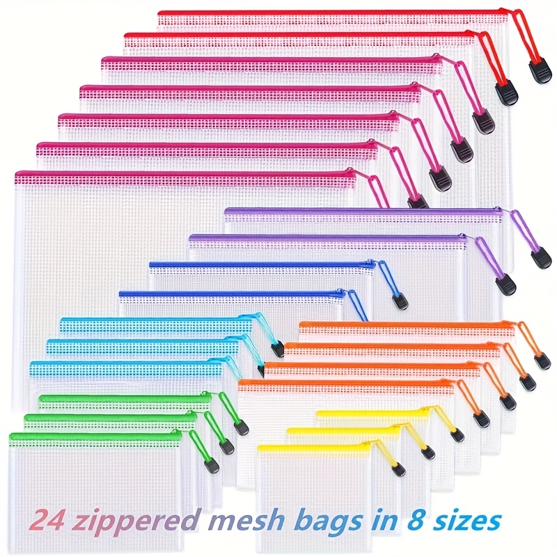TEMU 24pcs Zipper Mesh Bag Set 8 Sizes Plastic Pouches A4 Clear Travel Organiser For Classroom Office Home Storage Board Game Multi Purpose Local