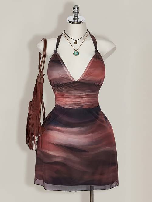 plus size plus size a vintage gradient color halter v neck tie up mesh a line romantic mini dress suitable for women y2k bohemian style gradient tie dye vacation dress summer a dress that