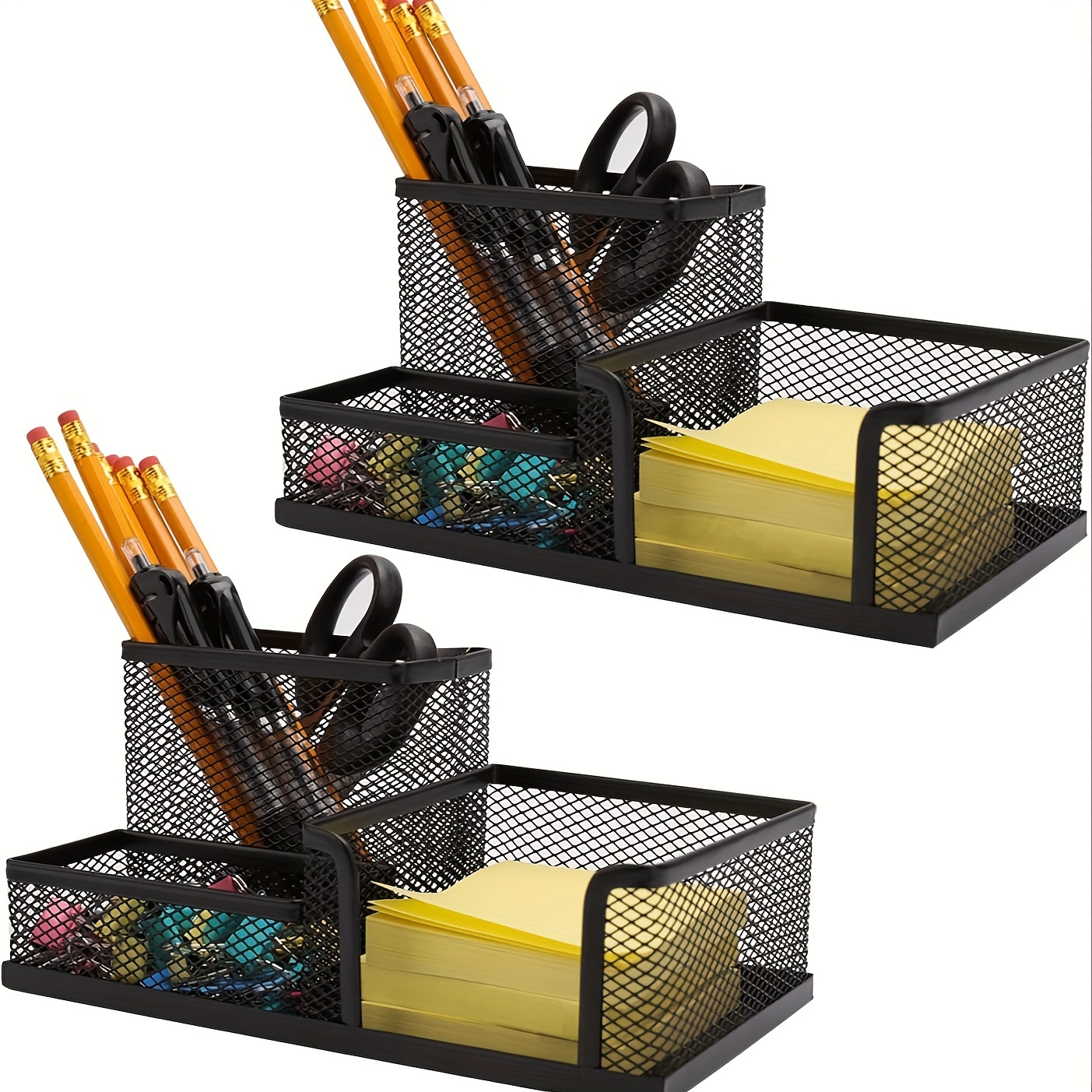 

1pc Sleek Black Metal Pen Holder With 3 Compartments - Durable Iron Craft Desk Organizer For Office And Student Stationery Storage