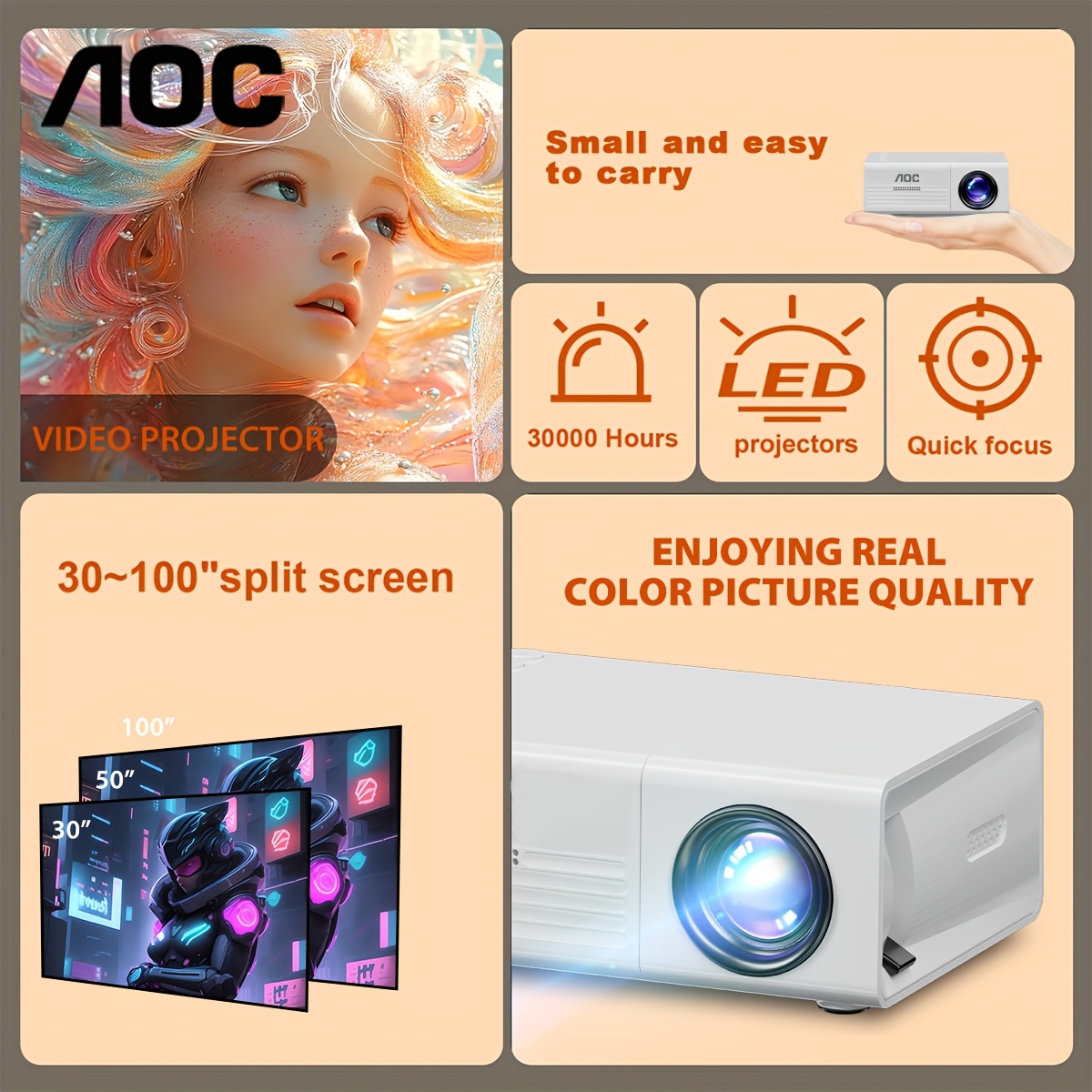 Aoc Преносим Мини Проектор | Поддържа 1080P Видео, Съвместим с Ios, Android, Windows, Ps4, Usb, SD Карта/HD TV/AV, Подобрява Изживяването при Филми, Телевизия, Игри, Подходящ за Семейни Събирания, Офис Проекции, Подаръци за Рожден Ден