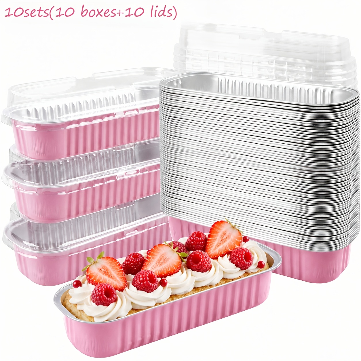 TEMU 10 Sets (10 Boxes And 10 Lids) Pink Rectangular Foil Trays With Matching Lids, Aluminum Food Storage Containers For Baked Dishes, Vegetables,