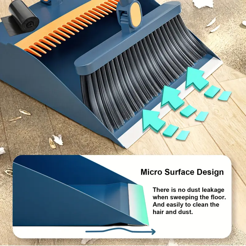 1-roll broom and dustpan combo set with garbage bags - heavy-duty plastic construction, long handle with ergonomic grip & upright stand for hard floors - heavy-duty sweeper and mop alternative for home, office, kitchen, dorm, rv, apartment - space-saving cleaning system with durable plastic broom and dustpan, ideal for hardwood, tile, floors - ideal for home, office, dorm, bathroom cleaning, broom for floor cleaning, retractable broom, broom with dustpan, mini broom, Product details 6