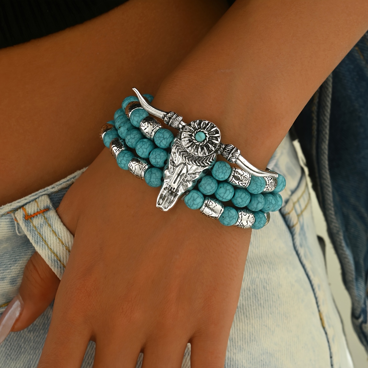 Image of 1pc Fashion Bohemian Style Skull Bead Bracelet Suitable For Women' Party Wear
