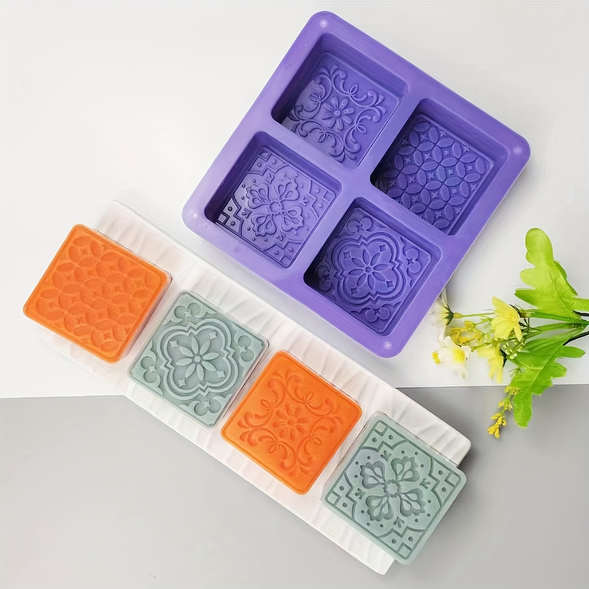 

Silicone Soap Molds Set Of 4 - Square Floral Patterns Diy Handmade Soap Making Molds - Flexible And Durable Silicone Material For Crafting Homemade Soaps