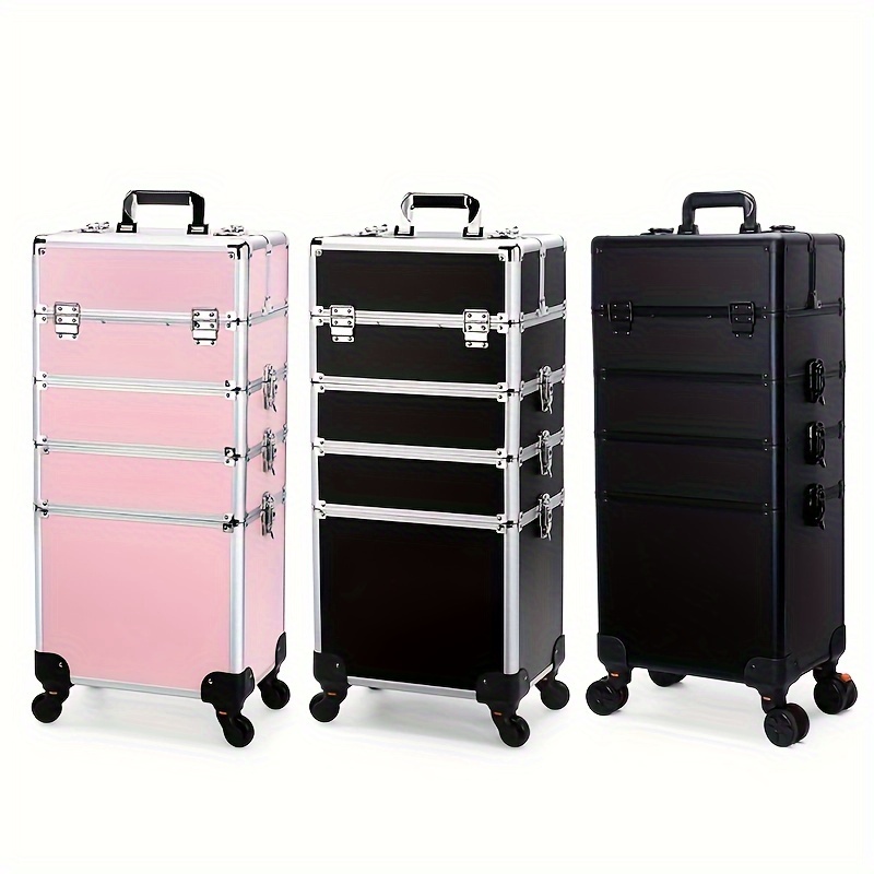 

5 en 1 Trousse de Maquillage Professionnelle avec Roues, Grande Mallette de Maquillage en Aluminium à Roulettes, Chariot de Maquillage de Voyage avec Roues Pivotantes à 360°