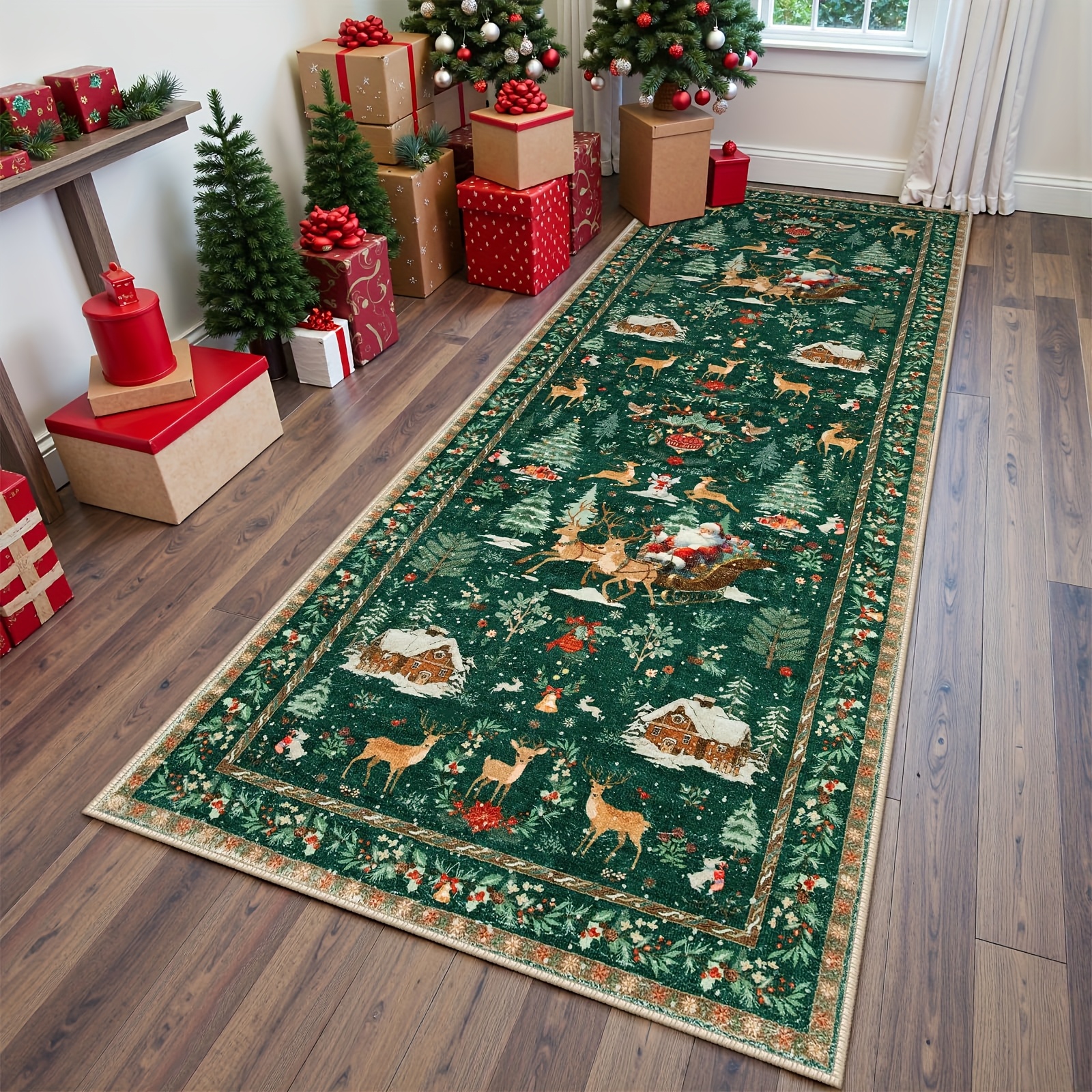 E-shop Weihnachts-Laufteppich 24X71 Zoll Roter Laufteppich für Flur, Küchen Teppich, Waschbarer Teppich, Weicher Weihnachtsmann Laufteppich für