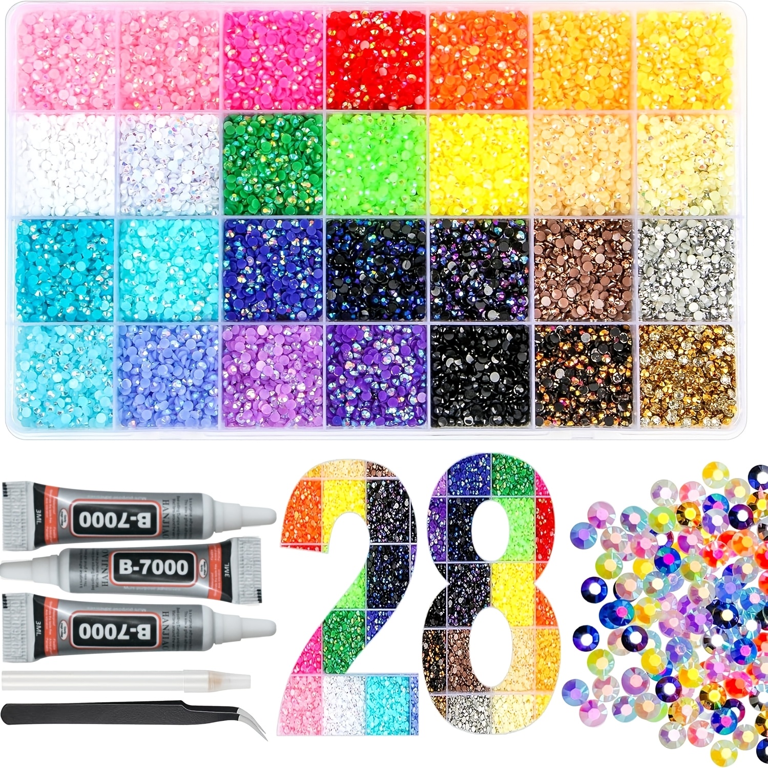 28 Grid 16500pcs Nail Resin   3mm Nail   Set    7000 Nail  , Tweezers, And Pick Up Pen. Suitable for Clothing, Shoes, Nail Art, Books, And Painting Decoration