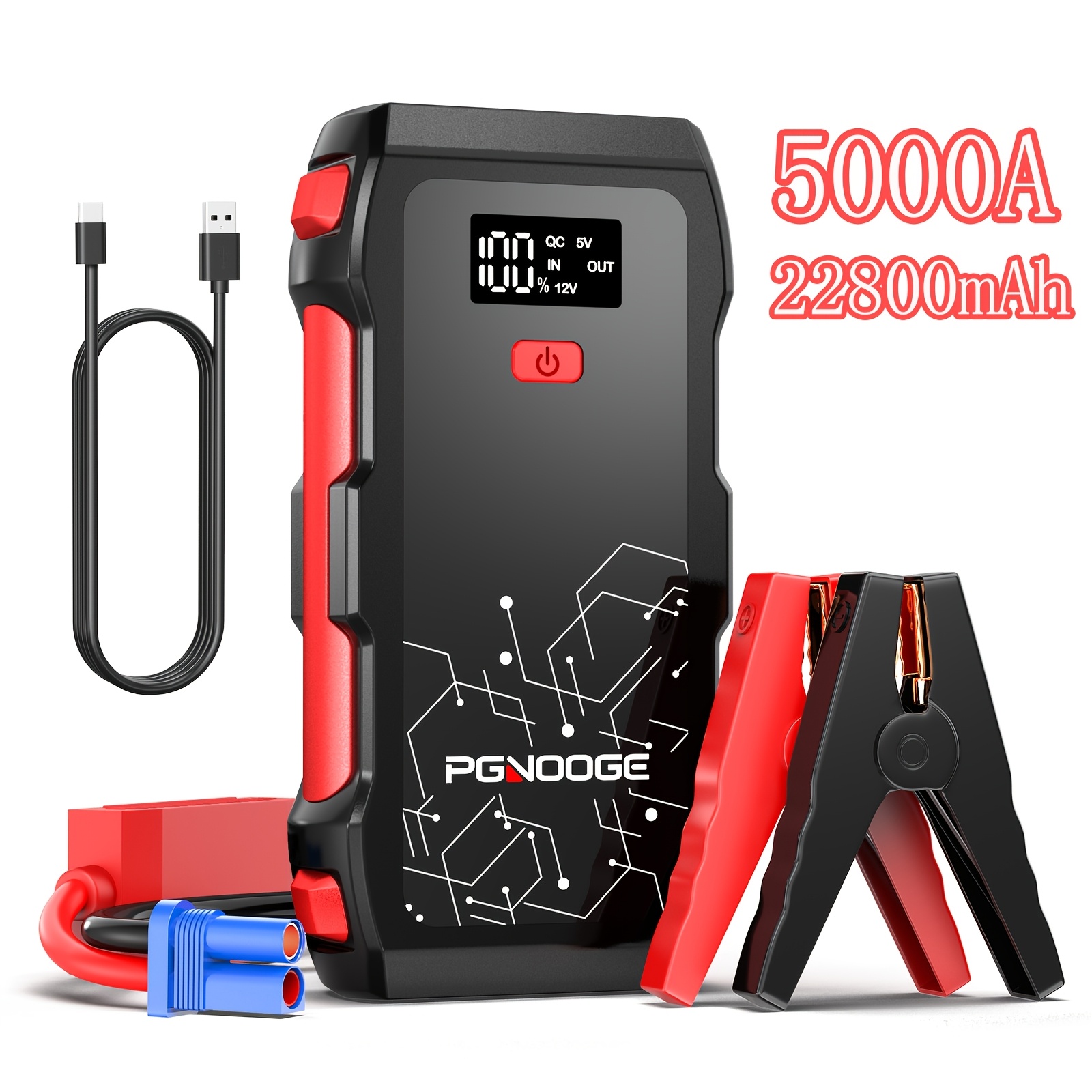 TEMU Pgnooge 5000a Car Jump Starter, 22800mah Battery Booster (up To 8.5l Gas And 6.5l Engines), 12v Auto Emergency Jumper Starter With Flashlight,