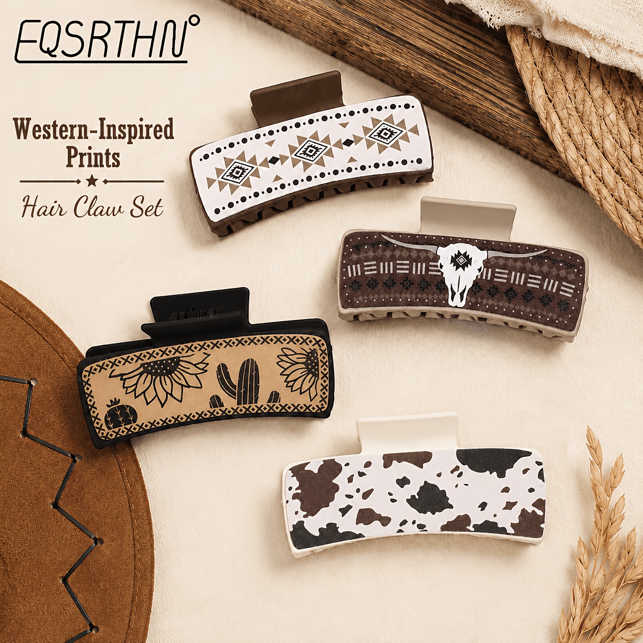 TEMU 4pcs Western Cow Print Hair Claw Clips Non-slip Matte Large Hair Clamps Boho Aztec Sunflower Long Horn Geometric Hair Barrettes Thin Thick Hair