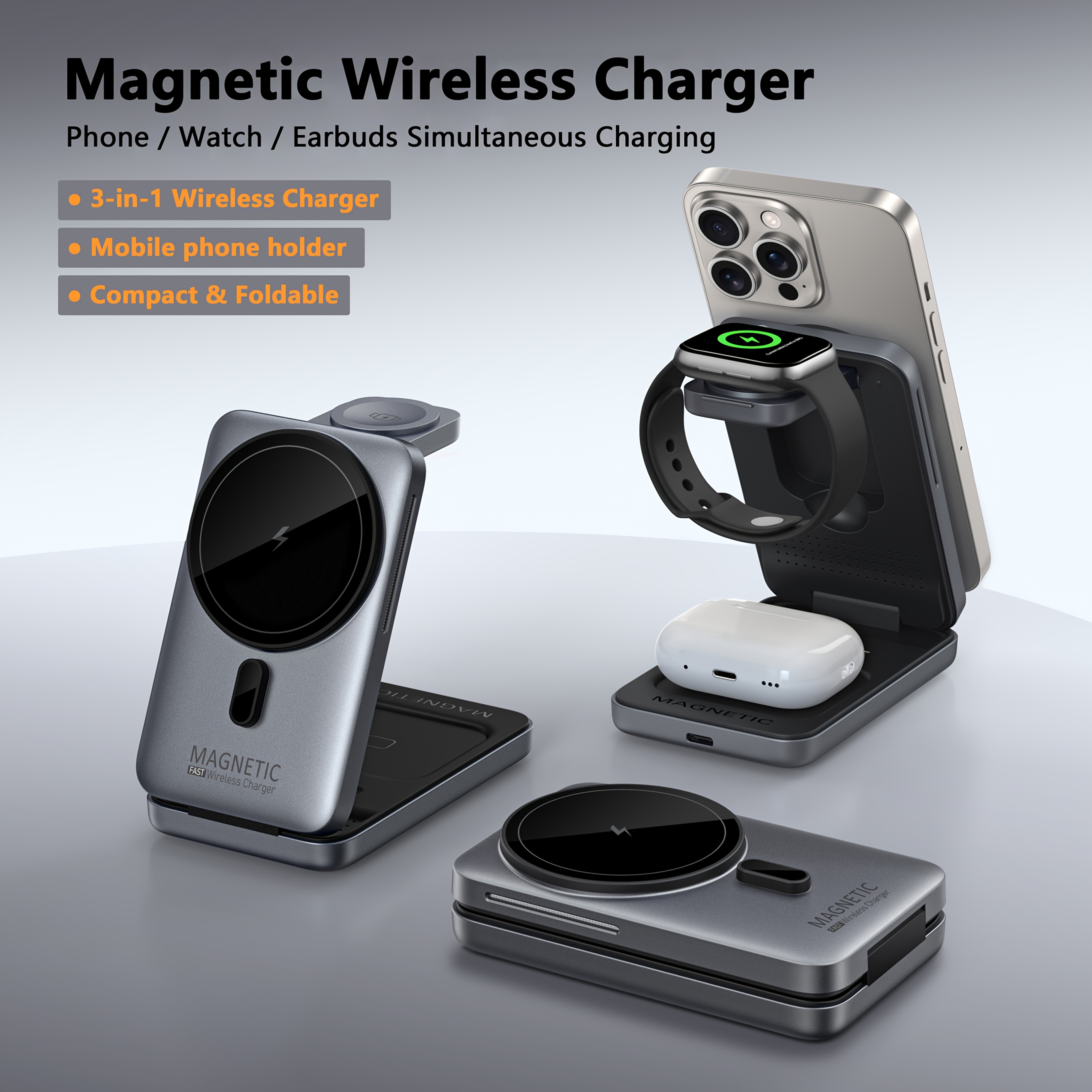 Chargeur Induction 3 En 1 Sans Fil 15W - Compatible IPhone 16 à 12 - Neuf