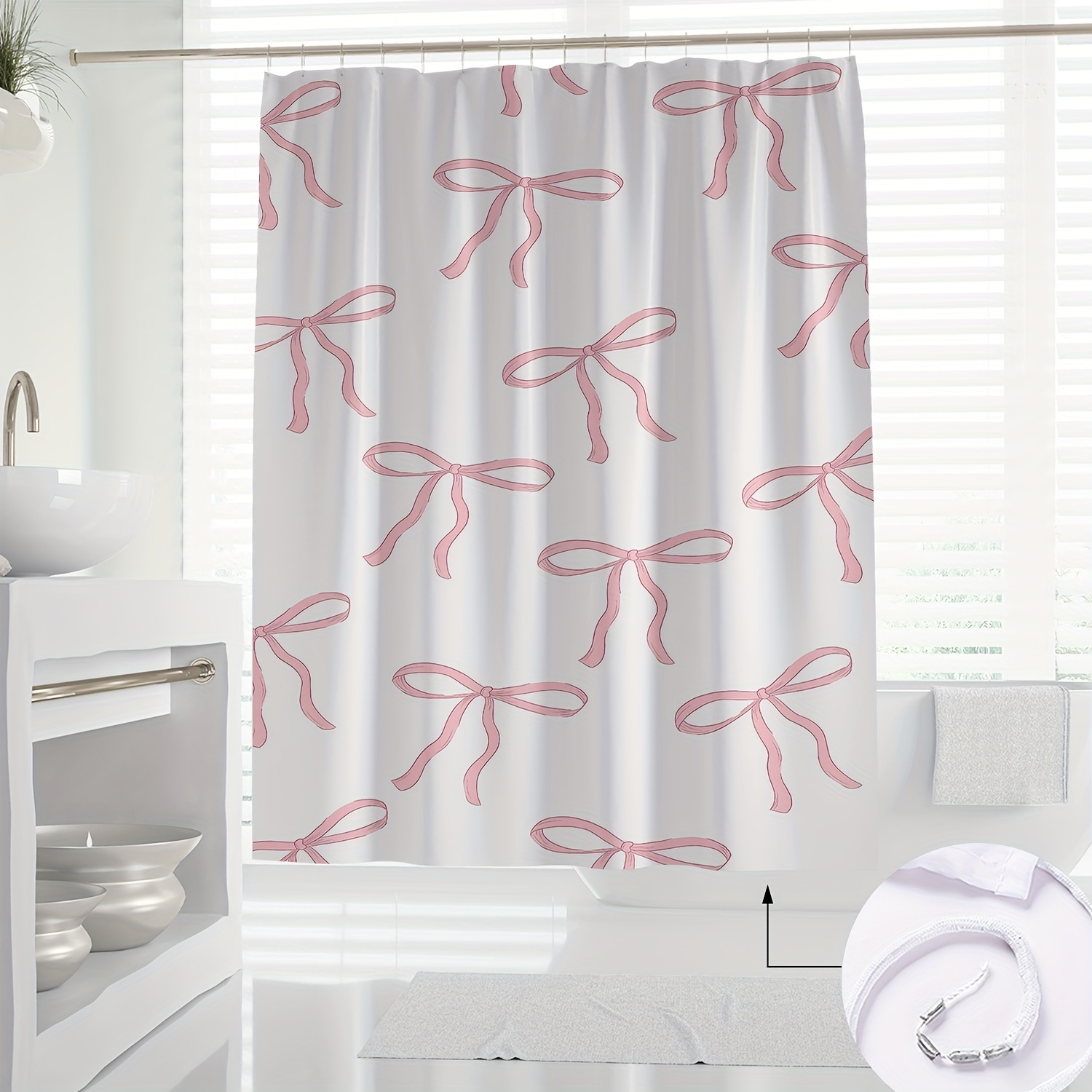 

Chic Pink Bowknot & Ribbon Print Shower Curtain - Waterproof, Machine Washable With Hooks Included - Perfect For All Seasons Bathroom Decor