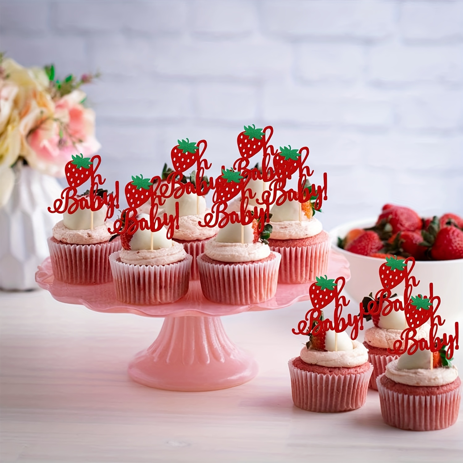 Strawberry Baby Shower Cupcake Toppers Glitter Fruit Theme - Temu