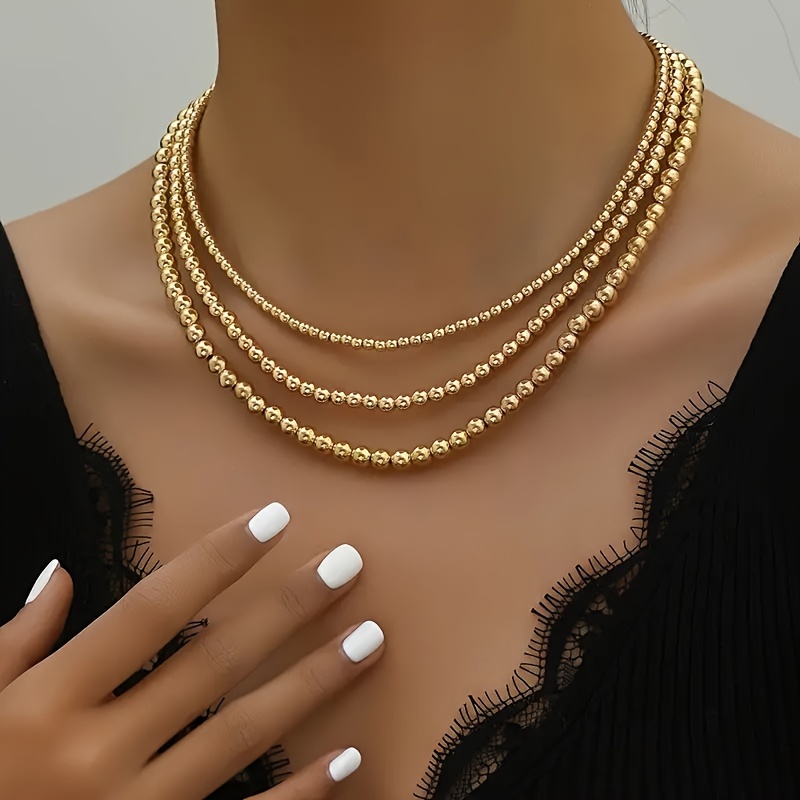 

Elegant Boho Chic 3pcs Golden Ccb Bead Necklace Set For Women - Perfect For Parties, Dates & Holiday Gifts