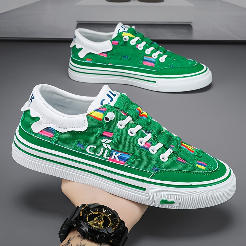 Men'S Colorful Striped Low-Top Canvas Sneakers - Black with White Sole, Lace-Up Casual Shoes for All-Season Wear, Streetwear Style, Round Toe Design, Sneakers | Trendy Streetwear | Durable PVC Sole