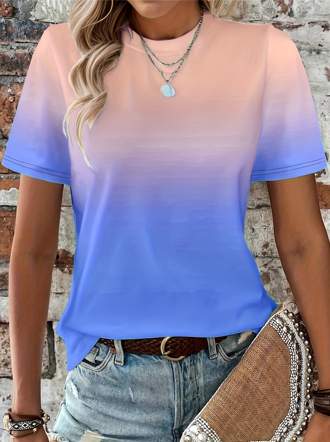 Gradient Crew Neck T-shirt, Short Sleeve Casual Top For Spring & Summer, Women's Clothing