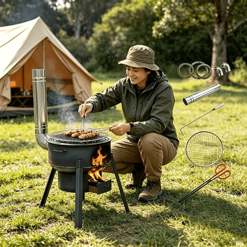 TEMU Portable Wood Burning Camping Stove, Outdoor Fire Heater With Detachable Chimney And Cooking Net (no Pot Included) For Hiking, Backpacking, And