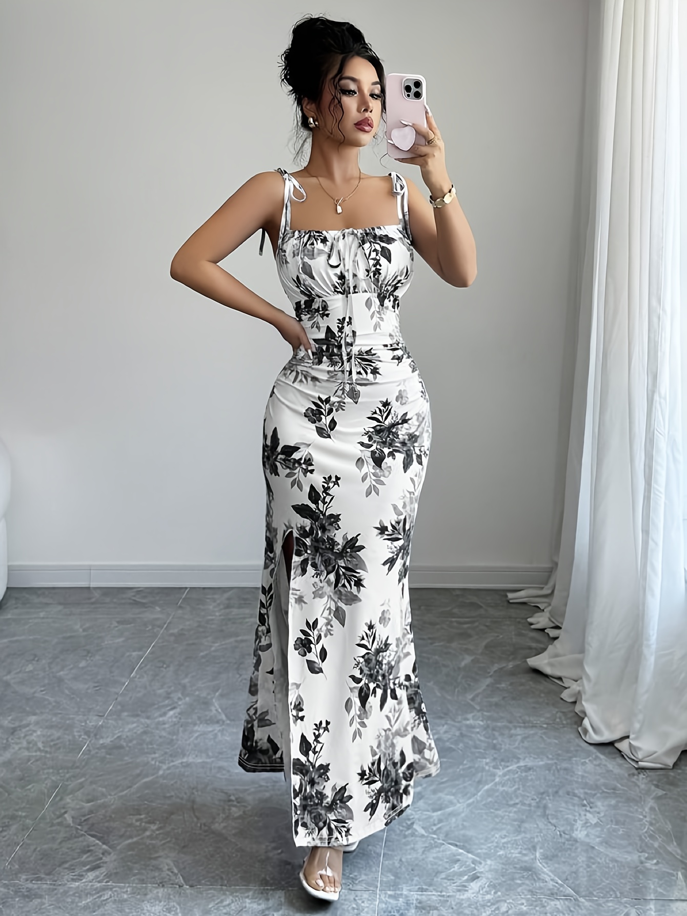 Ladies' Elegant Printed Spaghetti Strap Ruffled Shoulder Tie Bow Hip Slit Dress for Dates, Parties, Gatherings, Beach Vacations