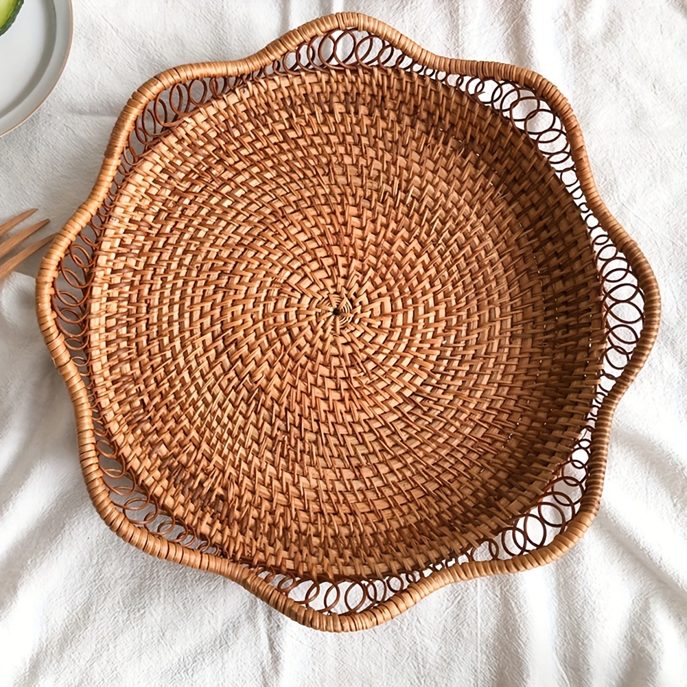 

Rattan Woven Bread Basket, Round Storage Basket Hollow Rattan Fruit Tray Kitchen Storage Container