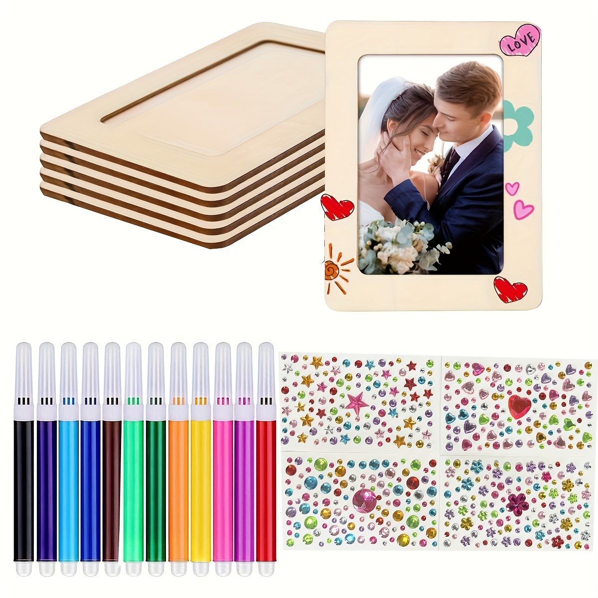 

21 Pcs Picture Frame Painting Craft Kit: Includes 5 Unfinished Wooden Frames, 12 Mini Watercolor Pens, And 4 Sheets Of Stickers For Diy Photo Frames - Suitable For All