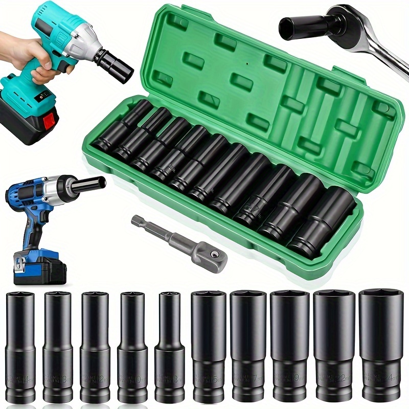 

11-piece Deep Impact Socket Set, 1/2" Drive, Metric Sizes 10-24mm, Chrome Molybdenum Steel Construction, Hex Long Drive Sockets For Automotive & Diy Maintenance, Professional Grade Tools