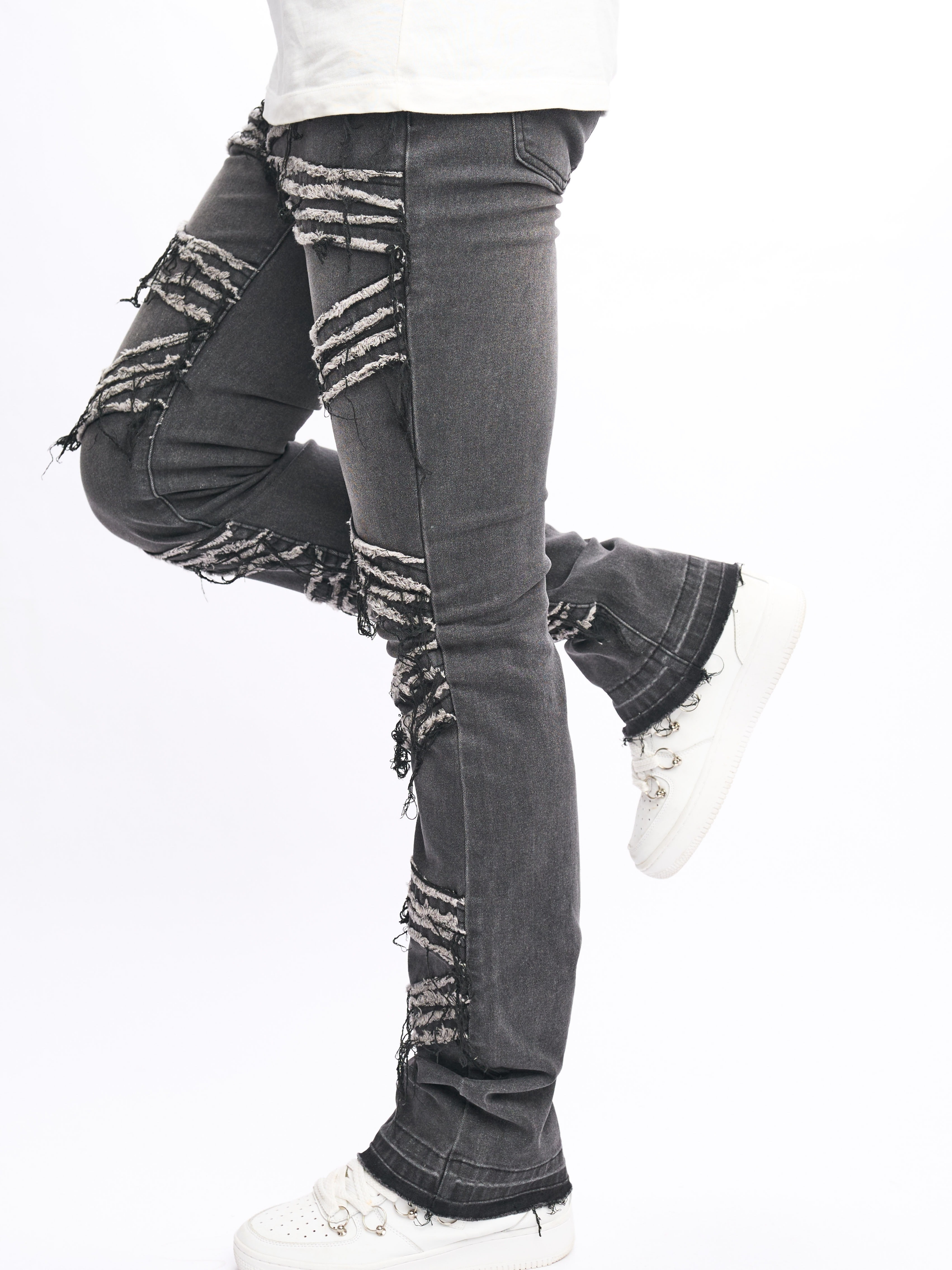 men's distressed fringe vintage wash flare denim jeans basic