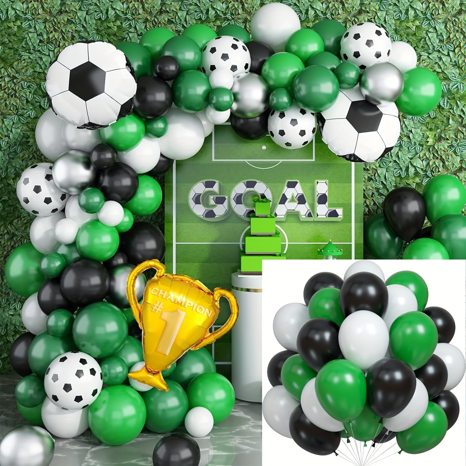 

104pcs Soccer Party Balloon Garland Arch Kit - Champion Trophy Foil Balloon, Sports Theme Decor For Birthday, Celebrations, Classroom, Indoor, Party Supplies, For Ages 14+ (green, White, Black)