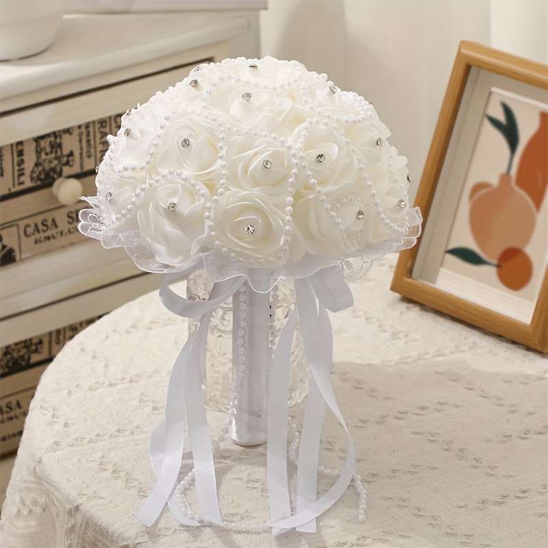 TEMU Gift Bridal Wedding Bouquet - Arrangement With Faux/ Artificial Roses, Lightweight Bridal Bouquet For Brides, Bridesmaids, Wedding & Valentine'