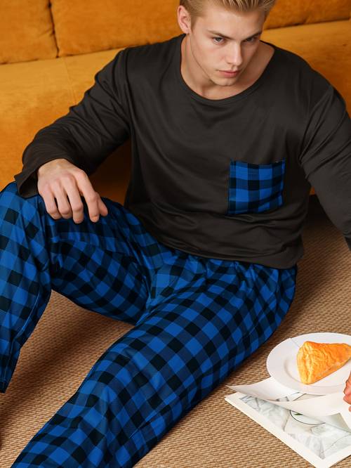 mens pajama set in autumn and winter casual simple pattern long sleeve and pants loungewear regular fit