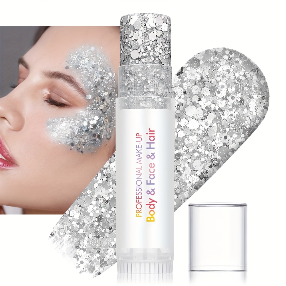 [st. Paddy's Day][holiday Gifts][1-pcs] Silvery Glitter Stick - 5g, Halloween, Music Festival, Party Glitter Stick, Sparkling, , Hair Decoration, Face, Body, Stage Makeup, Cosplay, Gift Dan4734-02