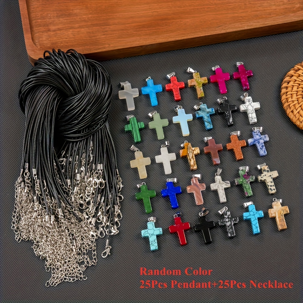 Image of 25pcs Stone Cross Random Pendant With Black Faux Leather Chain Set - Quartz Jewelry, Suitable For Making, Ideal For Necklace, Bracelet, And Earring Making