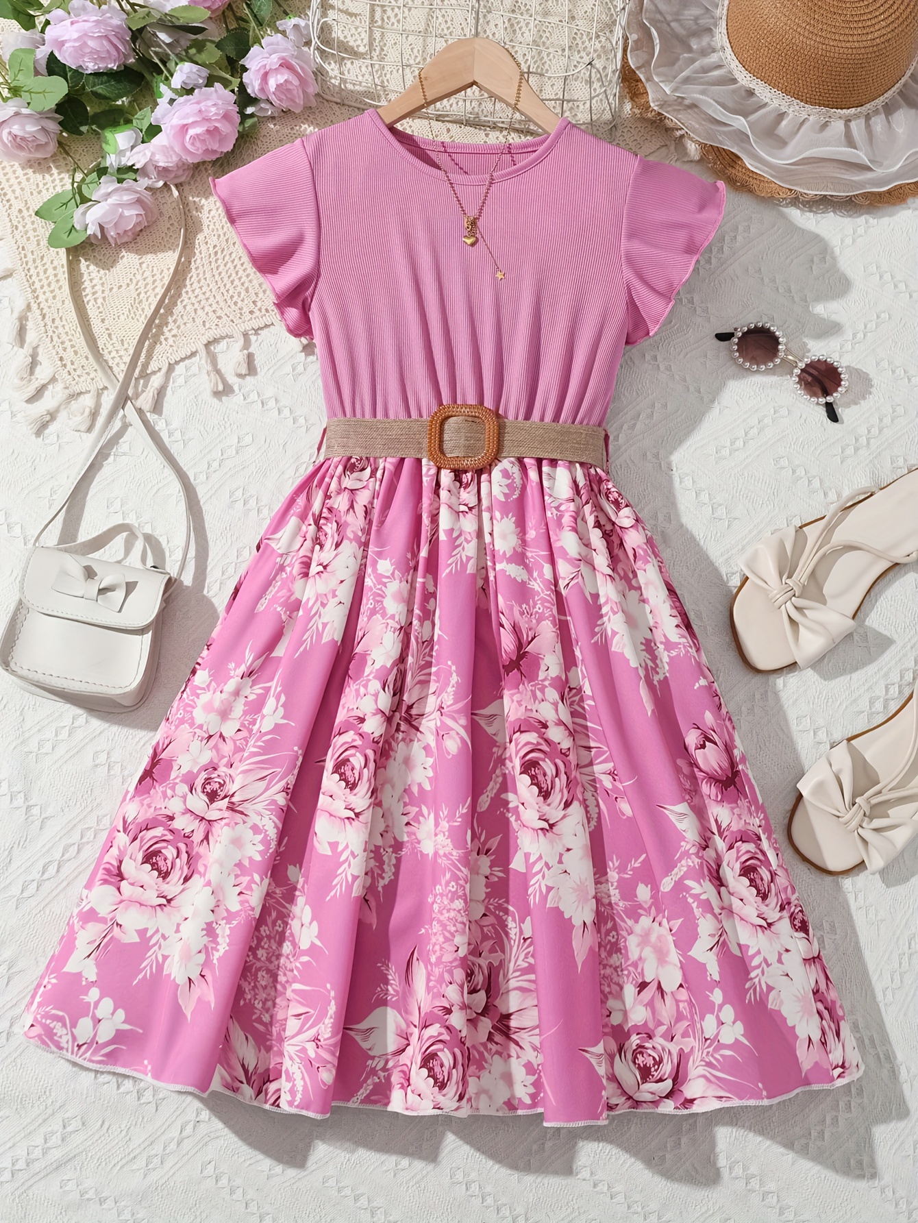 Girls Summer Floral a Line Dress Ribbed Texture Flowy