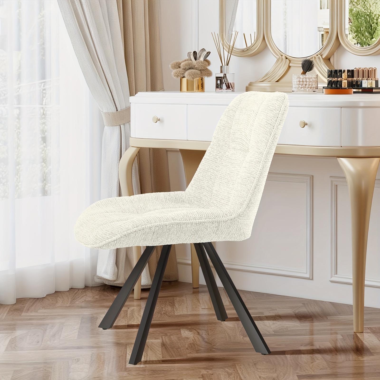 Vintage Swivel Accent Chair with 180-Degree Rotation, Cushioned Seat - Armless Vanity/Side Chair for Dressing Table, Bedside or Home Office - Easy Assembly, White/Blue/Brown (Black Frame, Non-Wood) - Ideal for Small Spaces & Reading Nook)