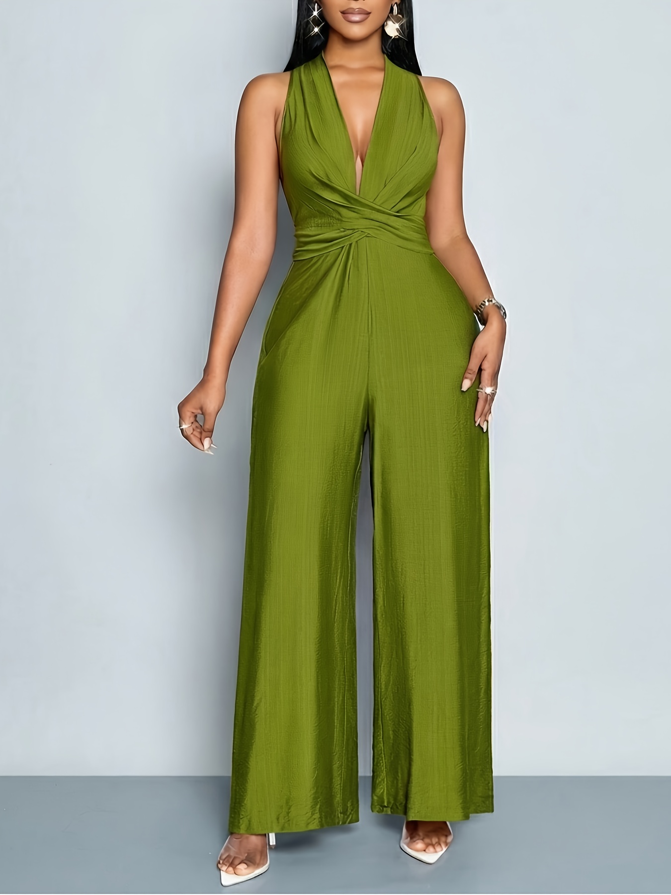 Women's Elegant Solid Color V-Neck Sleeveless Jumpsuit with Twisted Cinched Waist & Bow - Wide Leg H-Line Suit Pantsuit for, Commuting, Weddings - Machine Washable Spring/Autumn Attire (No)