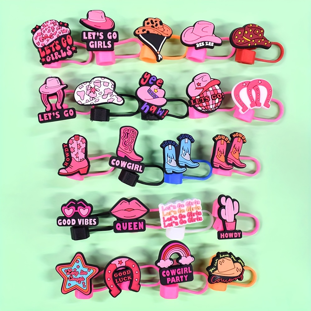 

22-piece Cowgirl Party Straw Toppers Set - Reusable, Splashproof Pvc Covers For Girls' Celebrations & Decor