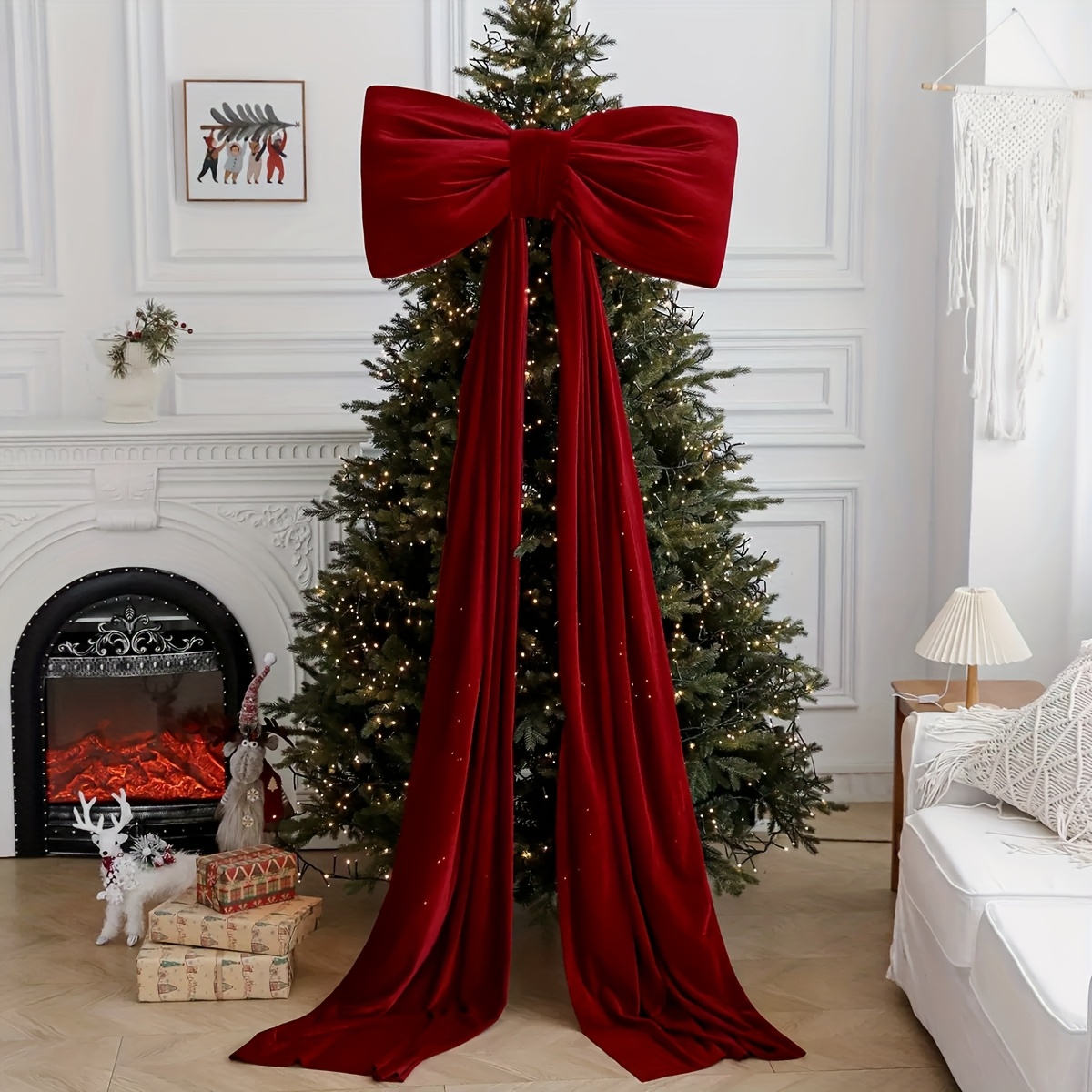 [Elegant Bow Garland] Large Burgundy Red Bow Garland - Elegant Christmas Mantel & Fireplace Door Decoration, Wedding/Party Arch Decor - 1pc Durable Bowknot with Ribbon Bow Accent for Xmas Tree Topper, Door Hanger (No Feathers)