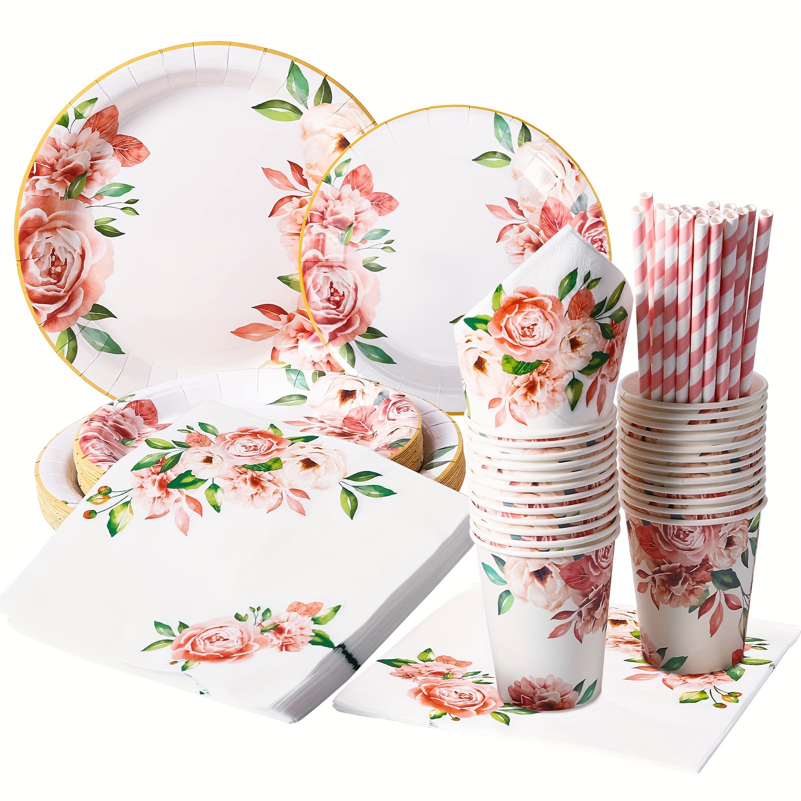 

120 Pcs Flower Paper Plates Wedding Tea Party Supplies, Floral Theme Disposable Party Decorations For 24 Guests Including Plates, Cups, Straws And Napkins For Tea Party Bridal Shower, Wedding