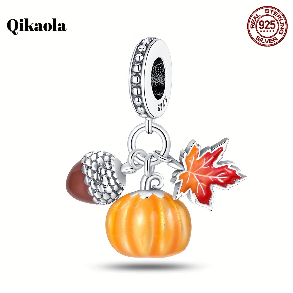 

Elegant 925 Sterling Silvery Maple Leaf & Pumpkin Charm - , Fits Bracelets & Necklaces, Ideal Gift For Her