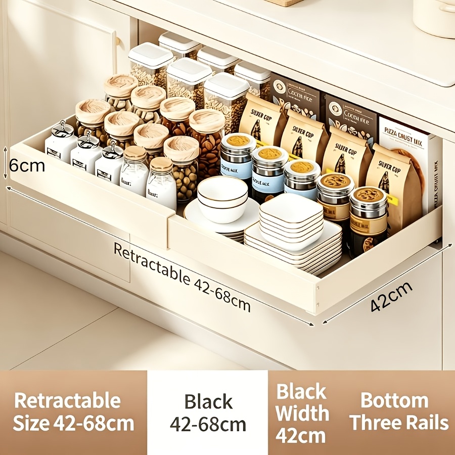 TEMU Nouveau étagère de rangement rétractable pour tiroir d'armoire (avec rail coulissant), étagère de rangement de cuisine coulissante, rail