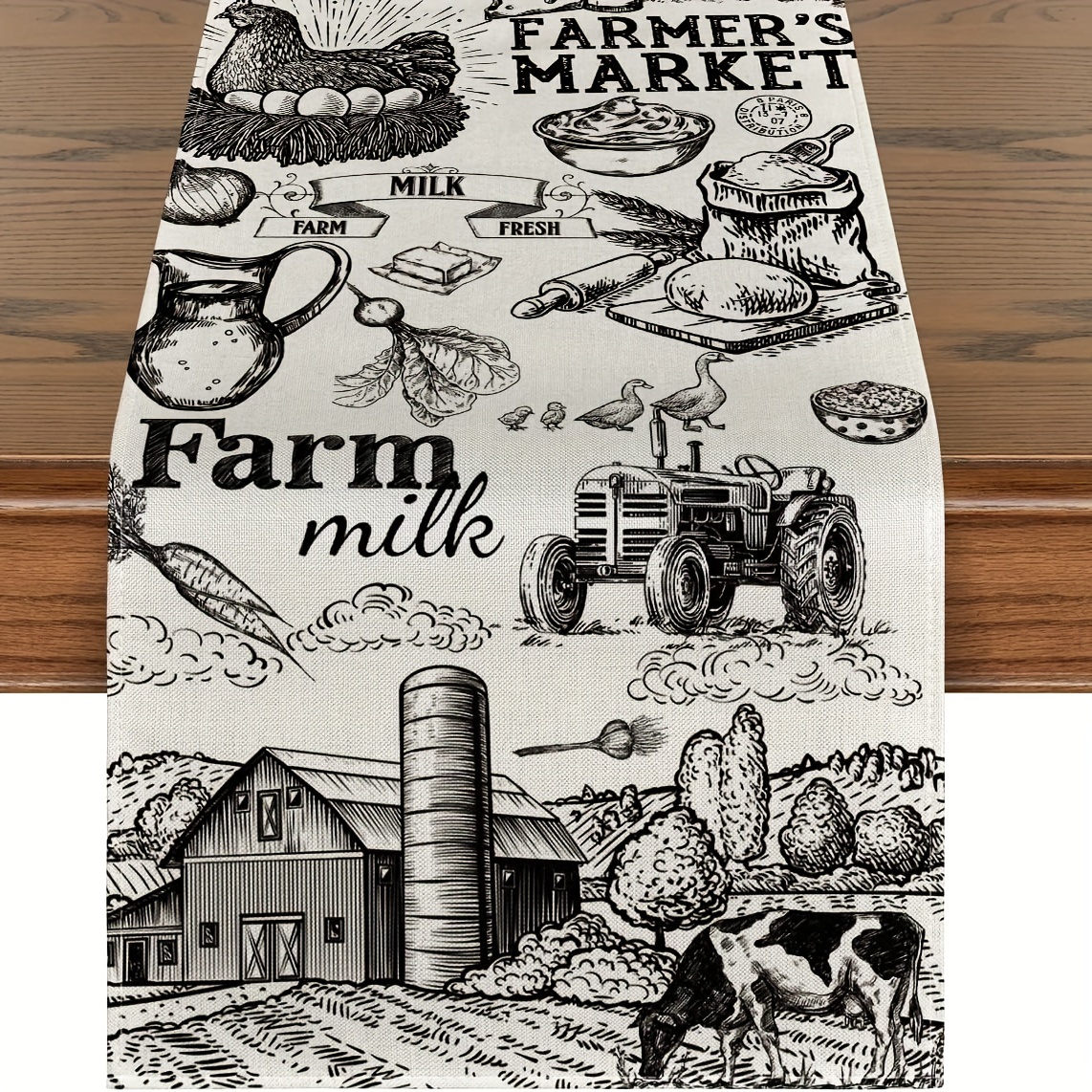 

Rustic Farmhouse Polyester Table Runner - "farmer'" & "farm " Design With Tractor, Cow, And Barn Illustrations - Fall Kitchen & Dining Decor, Indoor/outdoor Use, Cow Decor