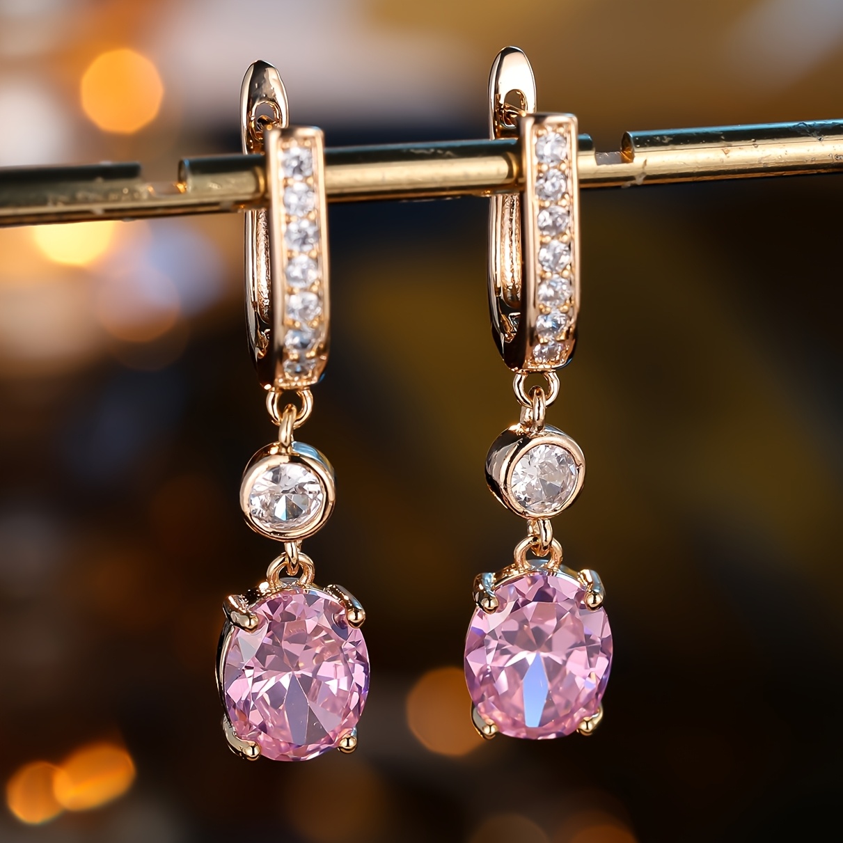 TEMU Angol A Pair Of Inlaid Pink Oval Synthetic Zirconia Earrings, Elegant, Easy, Classic, Fashionable, Luxurious, Personalized, Versatile, Exquisite