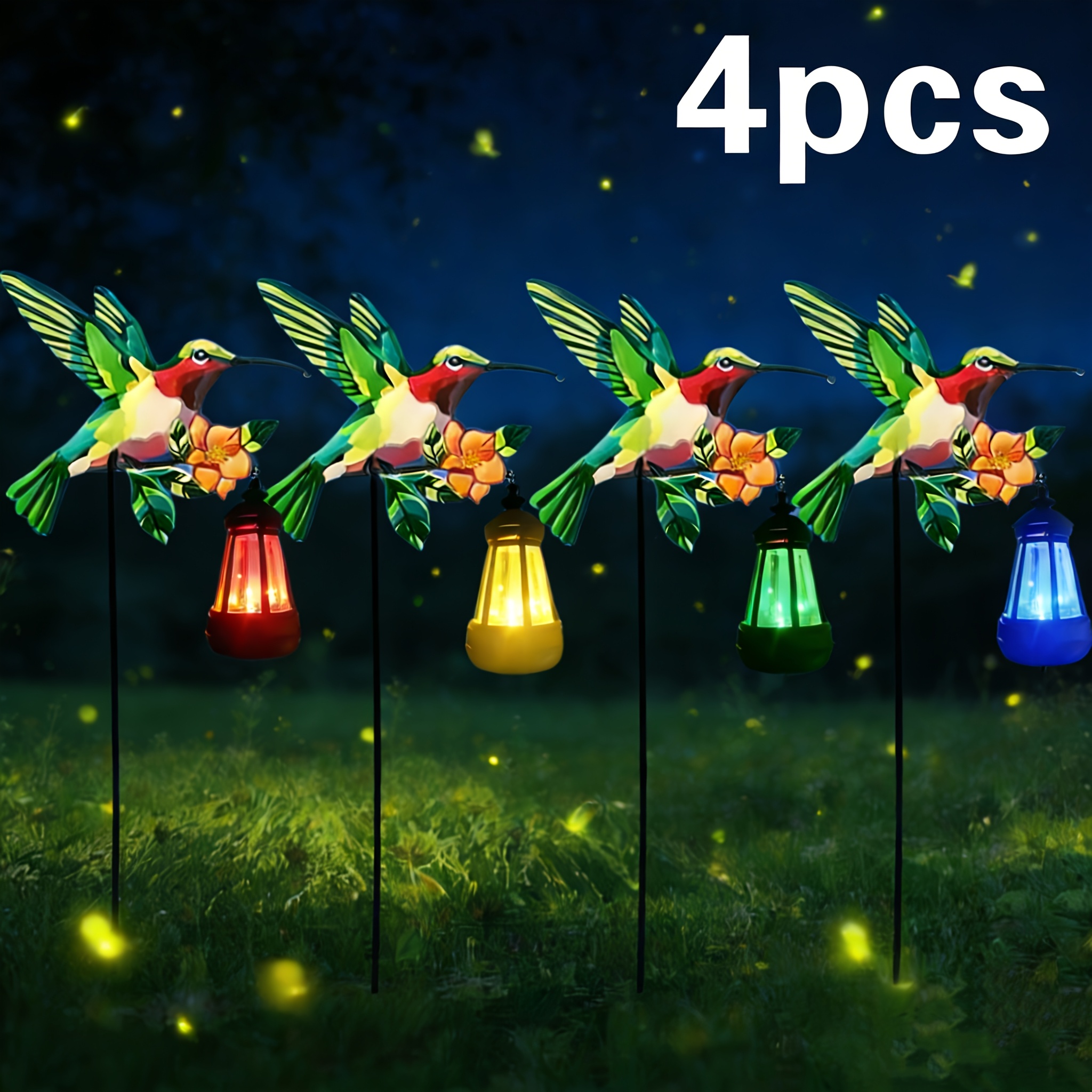 TEMU 4pcs Outdoor Solar Flashing Warm White Or Colorful Hummingbird Statue Light, Retro Metal Hummingbird Hanging Solar Pendant Light, Ip44 Led Light