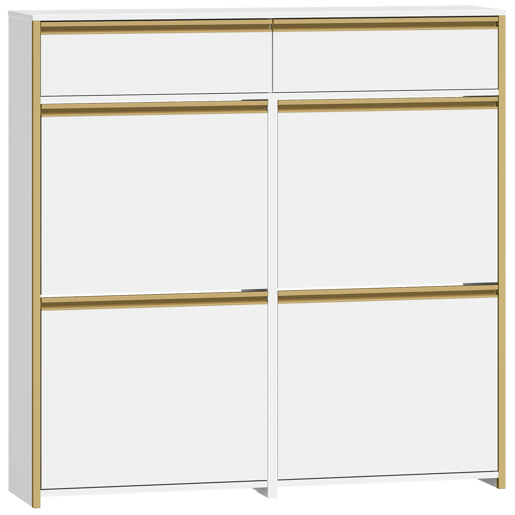 Narrow Shoe Cabinet With 4 Flip-down Doors, Shoe , Shoe Rack With Drawer, Narrow Shoe Chest With 8 Shelves, Adjustable, For , Entrance, 100 X 24 X 99cm, White-golden