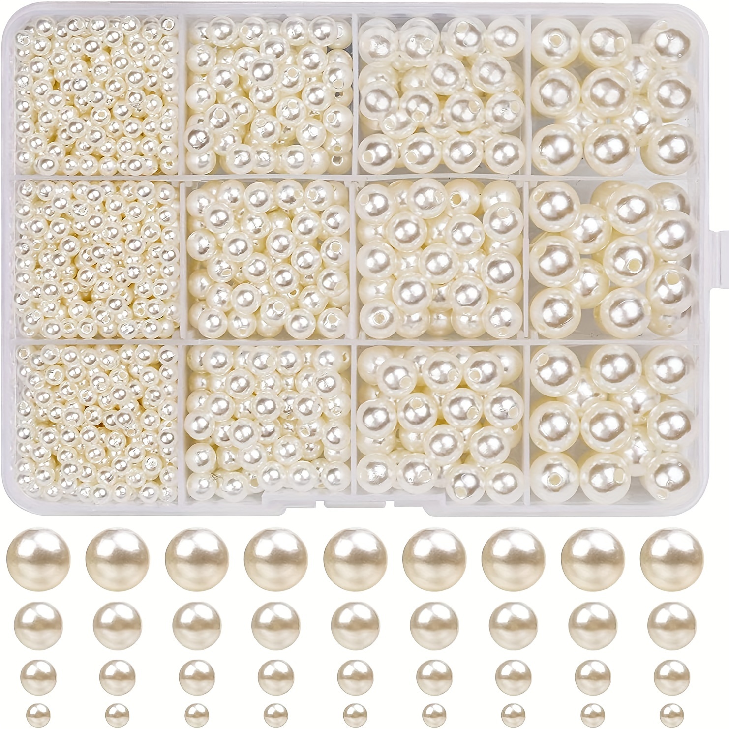 

1320 Pcs Beading Kit Assorted Sizes 4/6/8/10mm Fashion Round Pearls In White & Off-white With Storage Box - Hollow Glass Beads For Diy Bracelet, Necklace Jewelry Making And Crafts