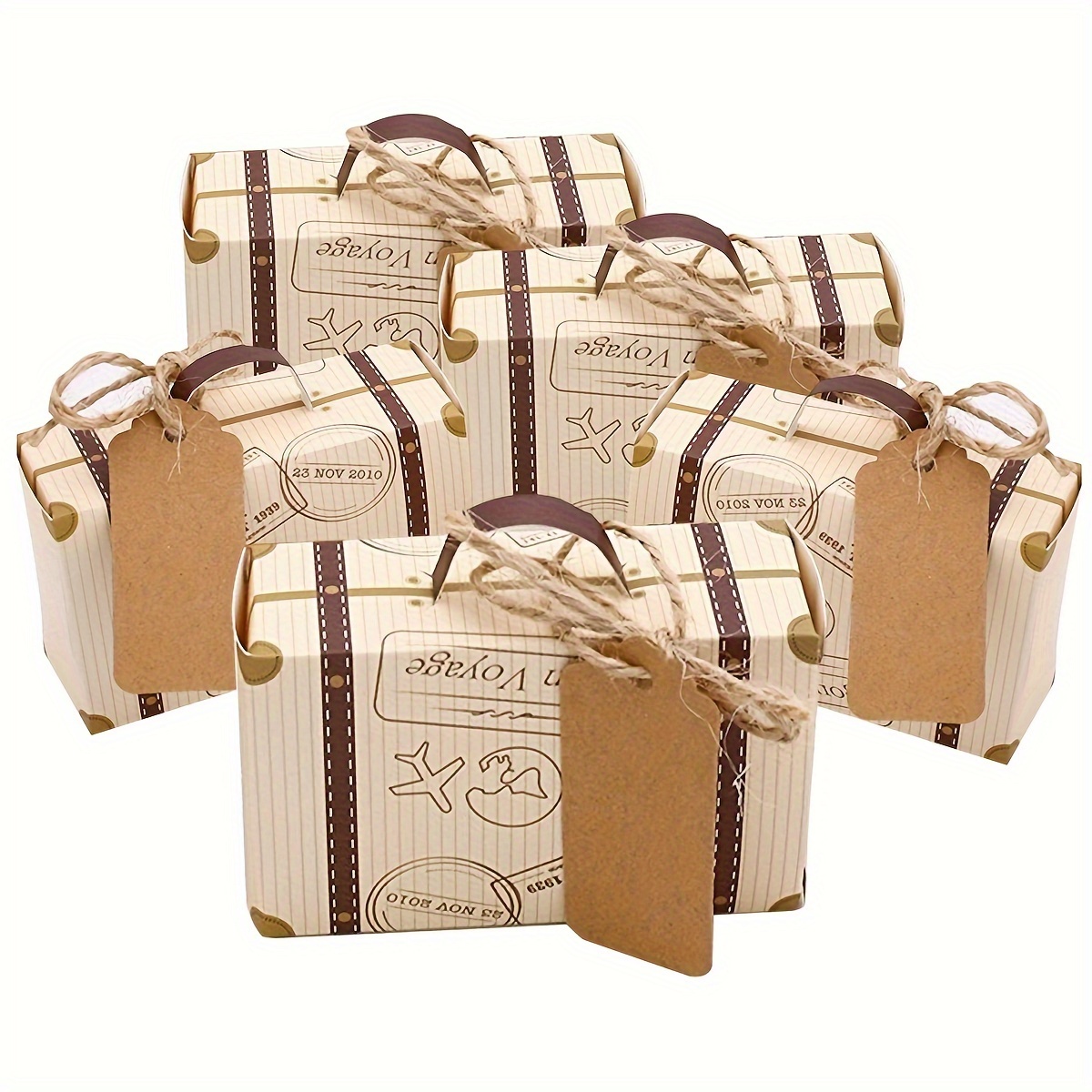 

25 Mini Suitcase Gift Boxes, Vintage Paper Gift Bags With Tags And Burlap Strings For Party And Wedding Decorations.