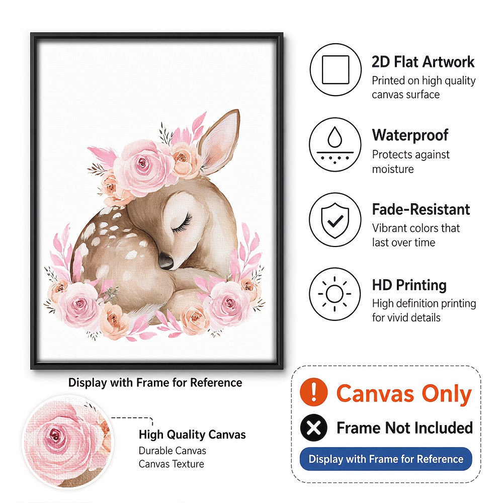 Cute Sleeping Deer and Pink Rose Frameless Poster, Nursery Decor