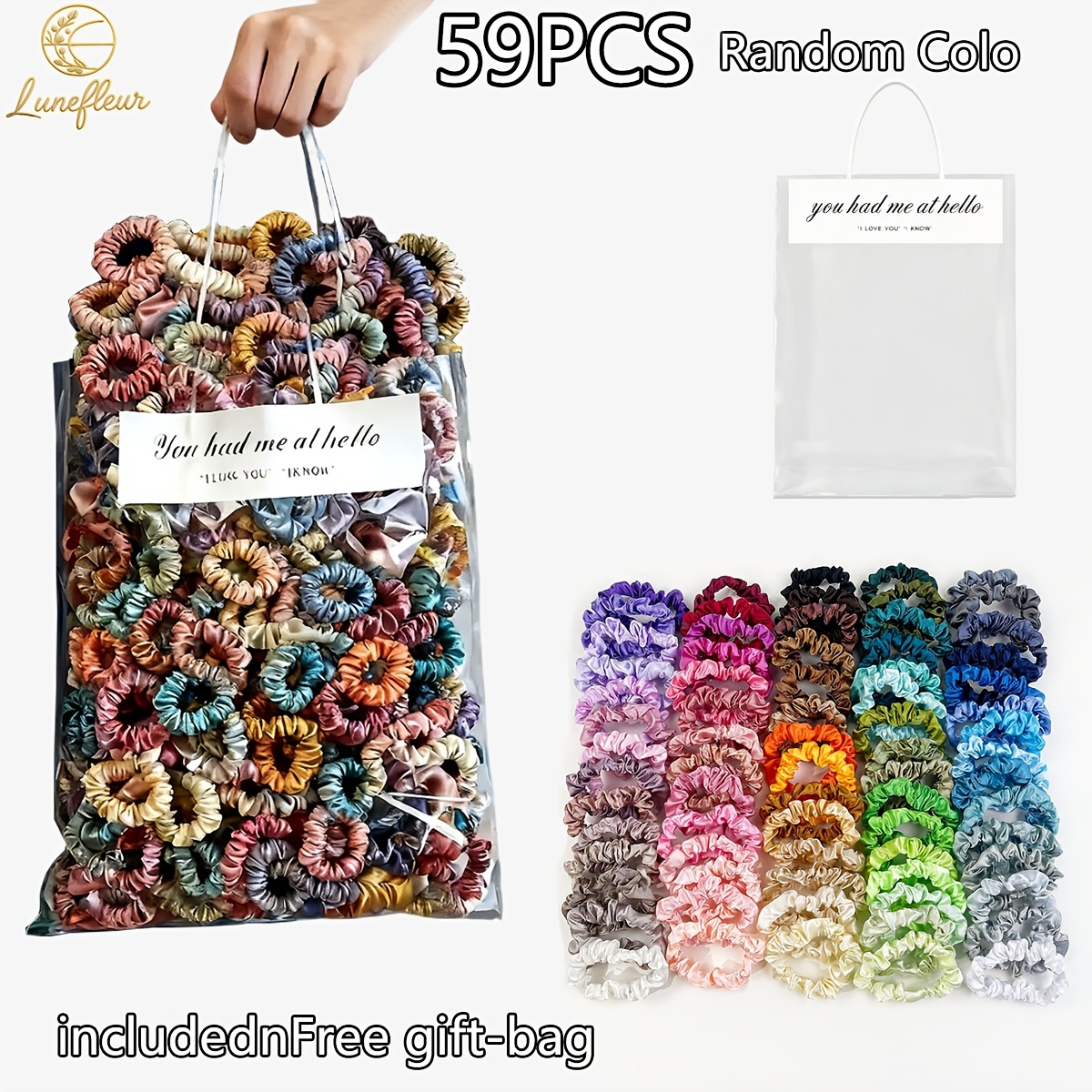 TEMU 59pcs Mini Satin Scrunchies With Gift Bags, Random Vibrant Colors Hair Ties For Women, Small Bands , Cute Hair Additions Bulk, Perfect Christmas