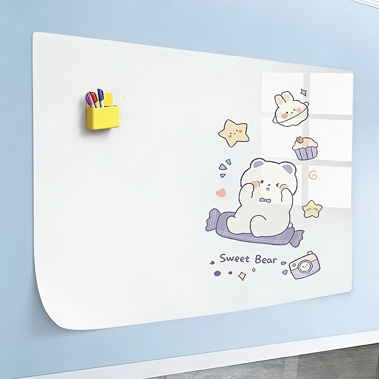 TEMU 1 Roll Of Self-adhesive Whiteboard Wall Sticker, Removable. The Whiteboard Is Equipped With 3 Whiteboard Markers And 1 Random Colored Towel, The