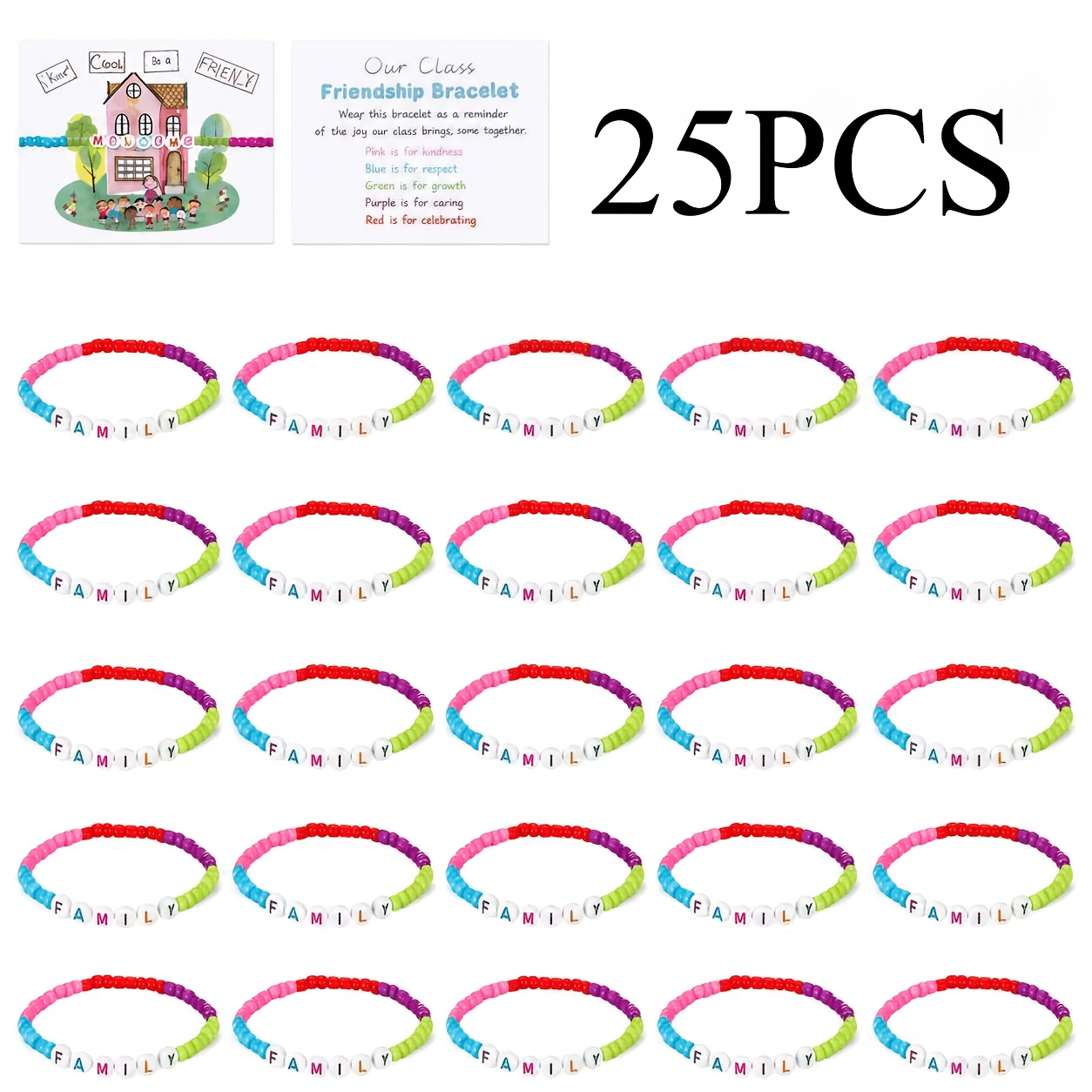 TEMU 25pcs Christmas Classroom Gifts, Our Class Is A Family Greeting Card With Letter Bracelets, Bulk Friendship Bracelet Set For Holiday Gifts
